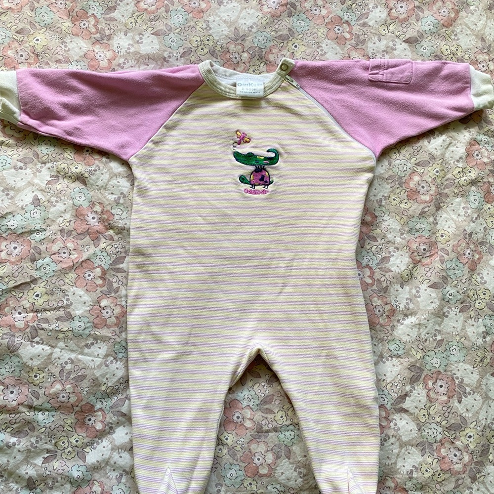 Vintage OshKosh B'gosh Pink and Cream Sleeper with Striped Pattern